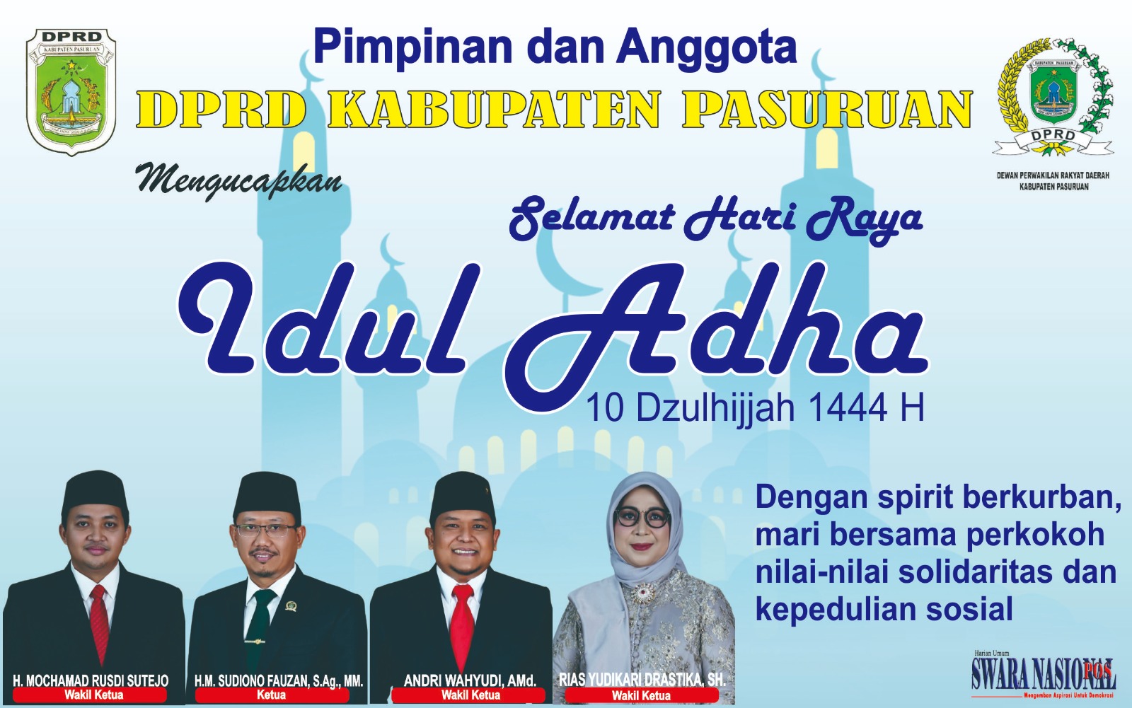 Ucapan Selamat Hari Raya Idul Adha 10 Dzulhijjah 1444 H dari DPRD Kabupaten Pasuruan