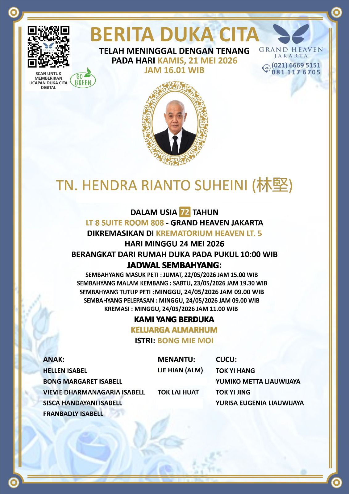 Keluarga Besar Hendra Rianto Suheini Berduka, Prosesi Penghormatan Digelar di Grand Heaven Jakarta